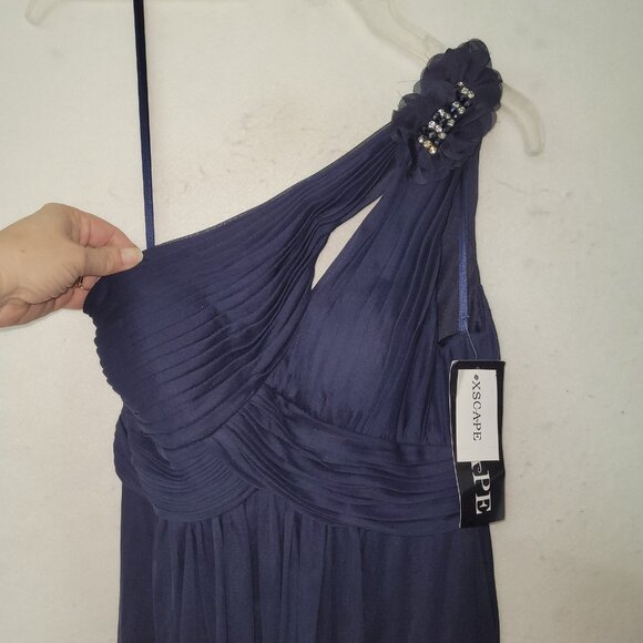 XSCAPE Dress Womens 6 Navy Blue Maxi One Shoulder Chiffon Formal Gown Beaded - Picture 4 of 16